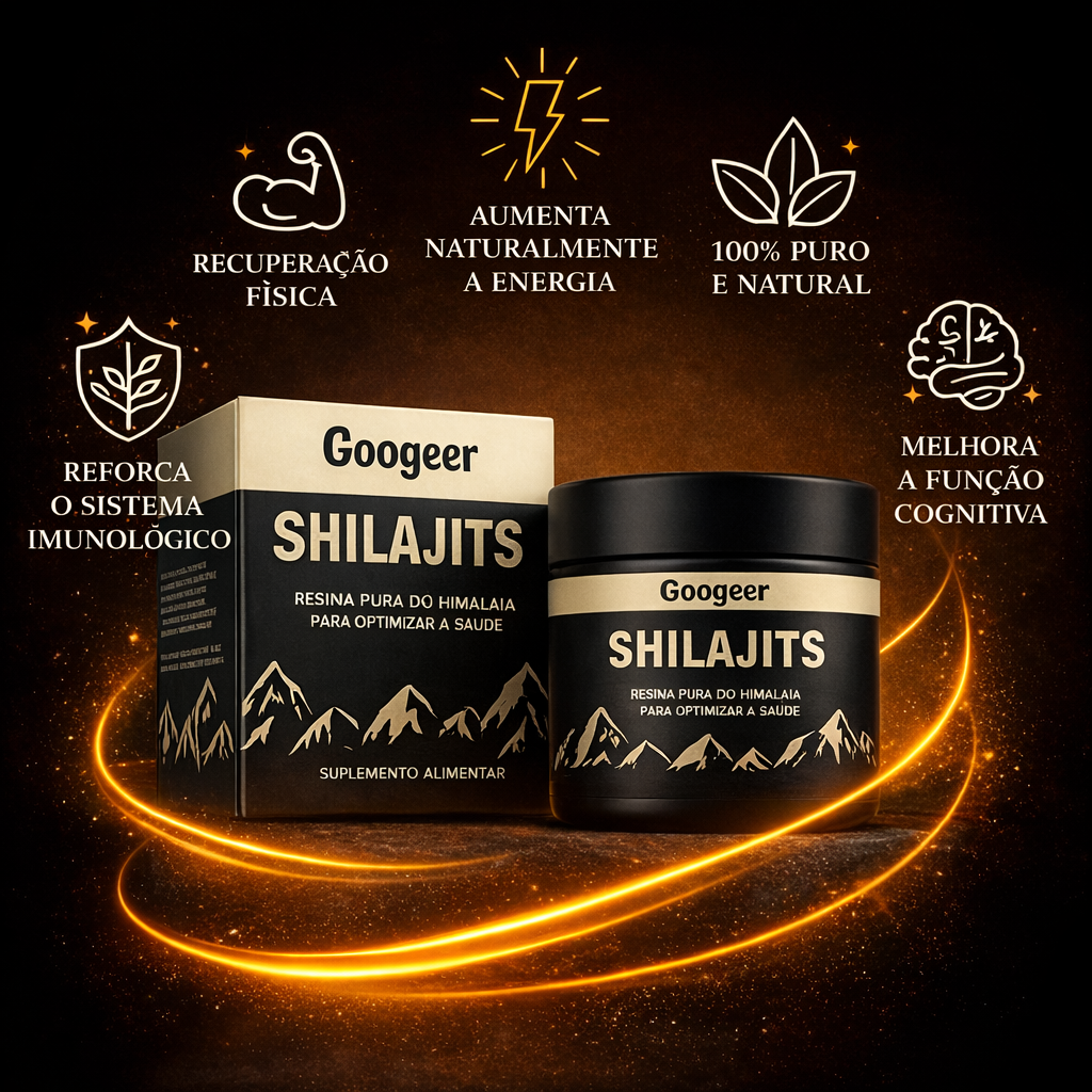 Googeer Shilajits Himalaya resin supplement packaging and jar with energy and immune support benefits