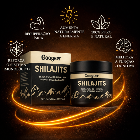 Googeer Shilajits Himalaya resin supplement packaging and jar with energy and immune support benefits